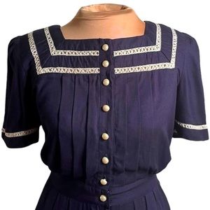 VINTAGE navy blue buttondown dress Plaza South Petites m sz XS/S peasant pearl